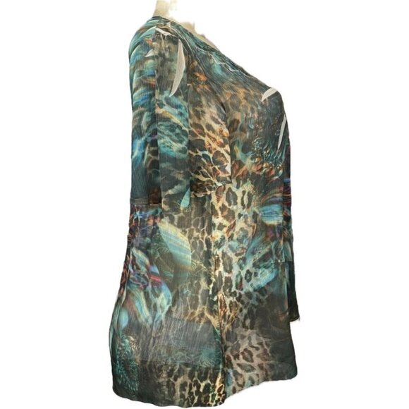 Mushka By Sienna Rose Sheer Floral Animal Print Split Lace Neck Short Sleeve Top - Picture 3 of 6